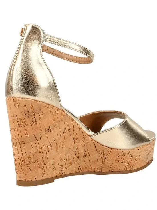 WOMEN MK Michael Kors Arianna Metallic Gold Cork Wedge with Ankle Strap,Size 7.5 - Picture 1 of 12